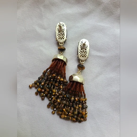 Kendra Scott Tiger's Eye Dove Beaded Tassel Earrings in Gold - Picture 3 of 3